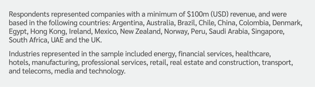 Respondents represented companies with a minimum of $100m (USD) revenue, and were based in the following countries: A...